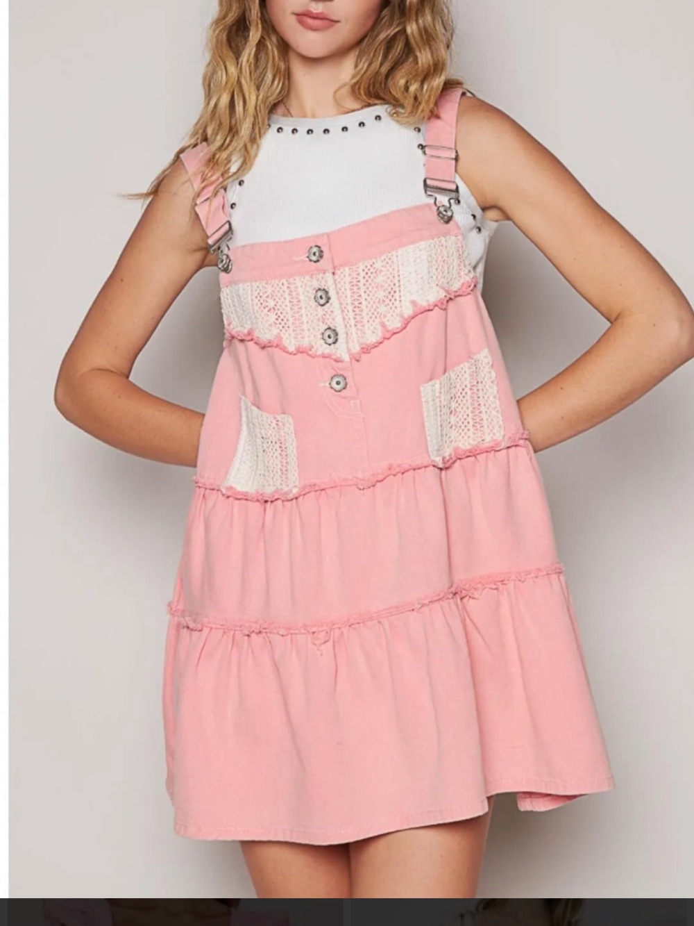 POL Pink Crochet-Trim overalls dress/top